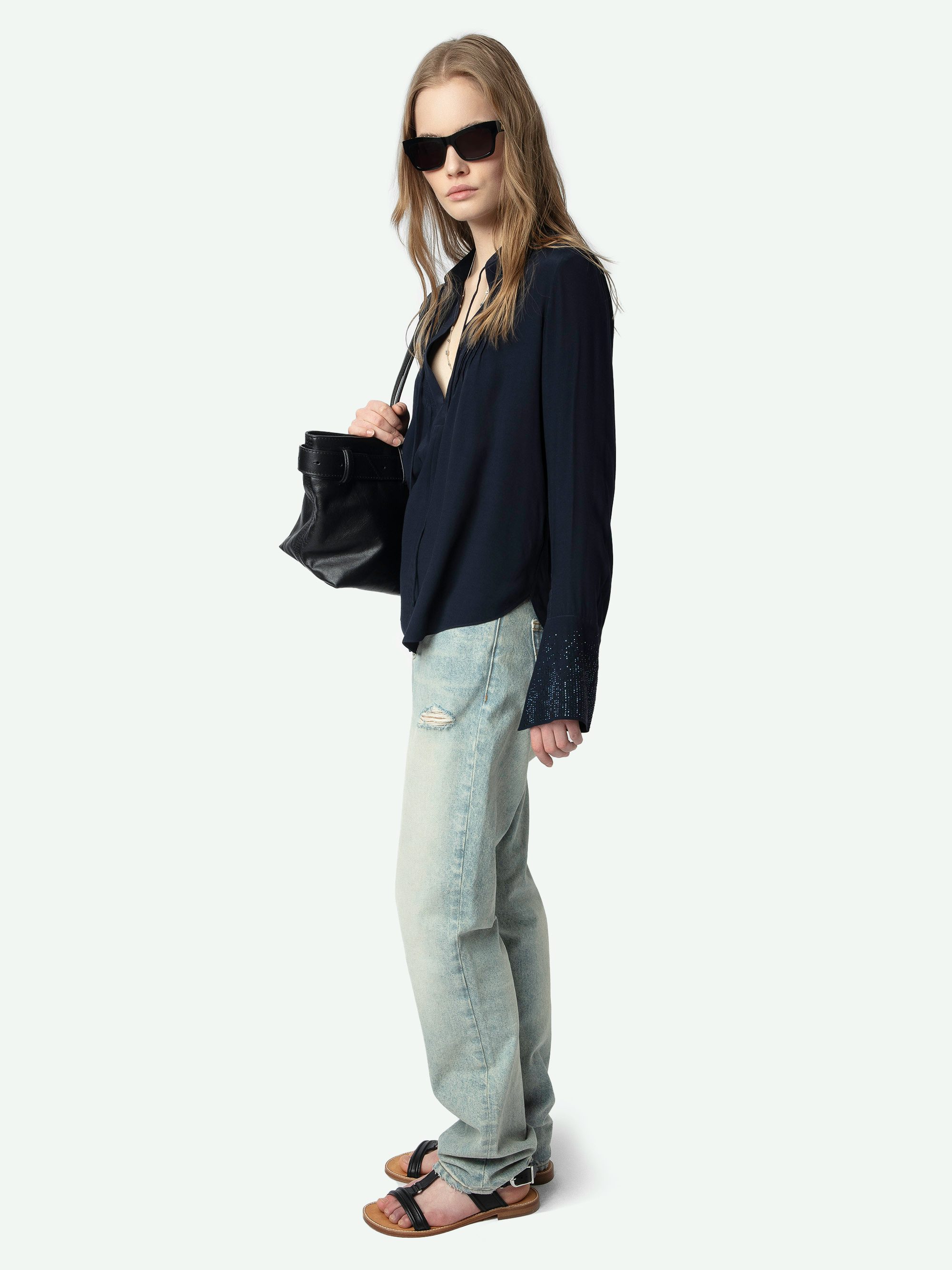 Taika Blouse - Viscose blouse with rhinestone patterns on cuff, long sleeves.